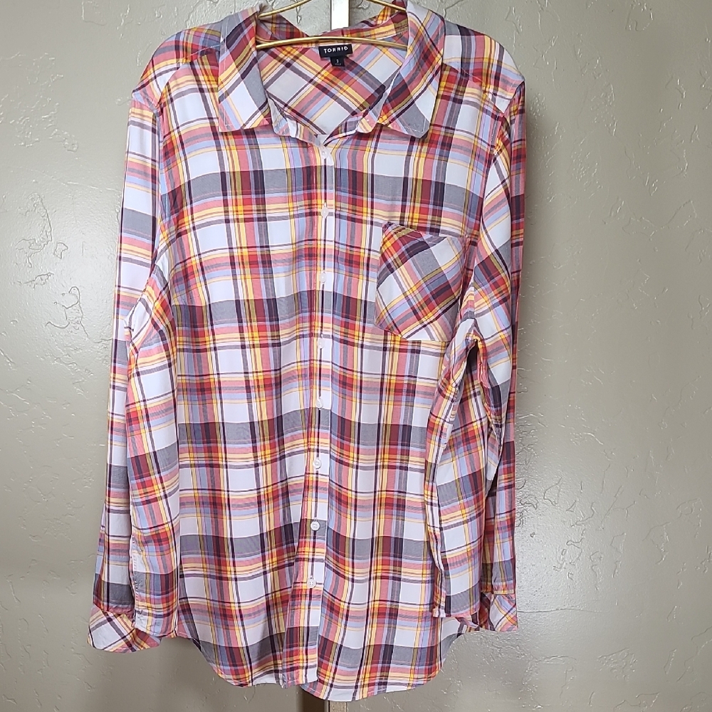 Torrid Multicolor Plaid Oversized Button Down Shi… - image 1